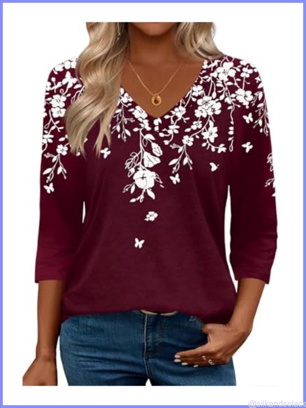 Womens 3/4 Sleeve V Neck Blouse Loose Fit Tunic Top Dressy Casual